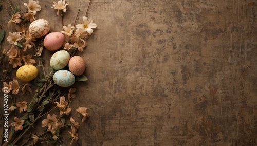 Easter display featuring dyed quail and chicken eggs arranged on a rustic textured surface, cultural observance