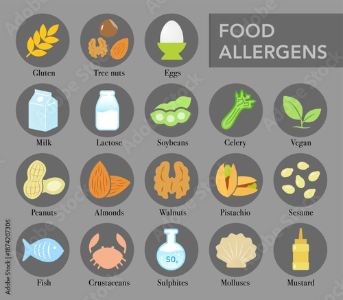 Food allergens set icon. Icons designed to represent the major food allergens clearly and effectively. The outline icons are well scalable and editable, good for different backgrounds. EPS10.