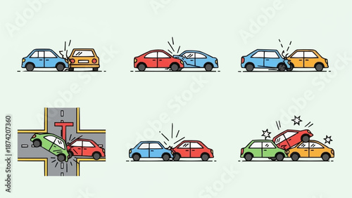 Collection of car crash illustrations showing different accident scenarios.