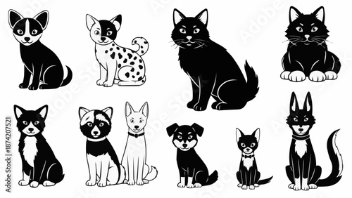 Collection of cartoon dogs and cats in various poses.