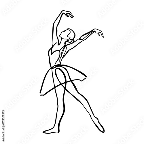 Dibujo de trazo único de bailarina de ballet con tutú bailando con zapatillas de punta