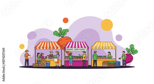 Colorful Market Stalls with Fresh Produce and Vendors.
