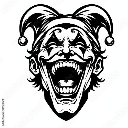 Black and white joker face illustration with wide screaming mouth, sharp teeth, and jester hat in bold tattoo-style artwork.