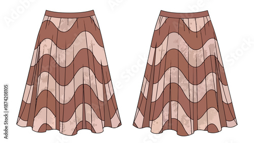 Elegant flowing skirt design with a striking wavy pattern in earthy tones for a sophisticated look
