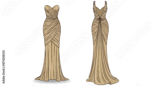 Elegant draped evening gown design showcasing sophisticated fabric manipulation and classic silhouette
