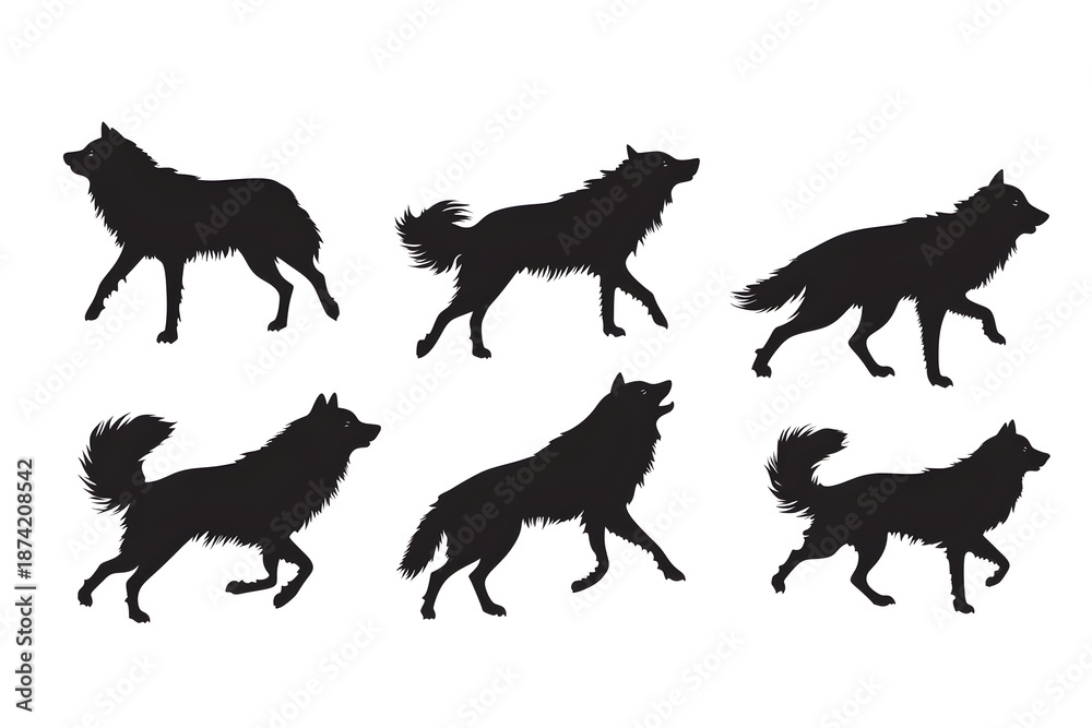 Obraz premium Wolf Silhouettes: A striking collection of wolf silhouettes, each capturing a different stance and movement, creates a dynamic representation of these wild predators.