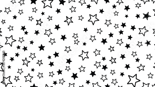 Hand drawn star doodles pattern collection, scattered celestial shapes background, playful sketch style, black and white vector illustration for decoration, textile, wallpaper design