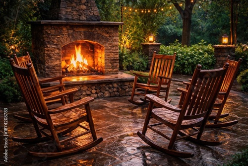 Wet rocking chairs encircling an outdoor fireplace with bright dancing flames