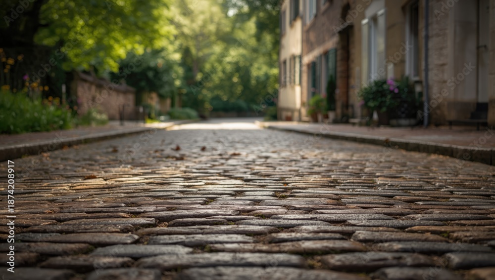 Obraz premium Cobblestone paved street, city surface emphasizing traditional paving techniques