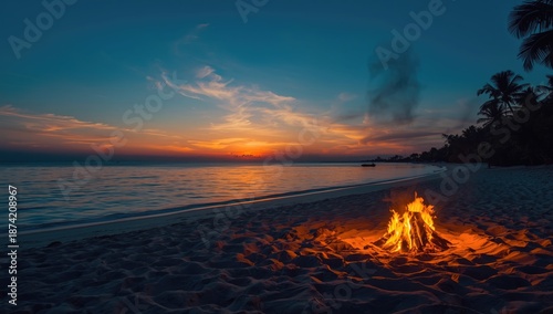 Beach scene with a bonfire ...