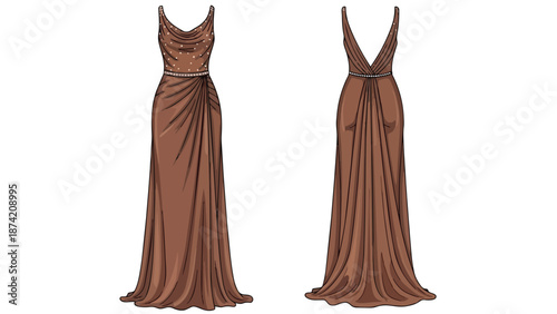 Elegant draped gown illustrations front and back views showcasing exquisite beaded detailing and flowing silhouette