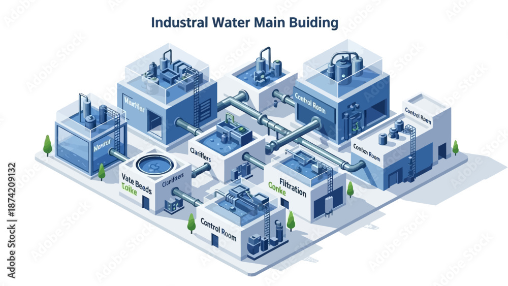 Fototapeta premium Industrial Water Main Building Complex with Pipelines and Systems