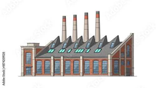 Classic factory building with a sawtooth roof and smokestacks, illustration representing industrial production and manufacturing