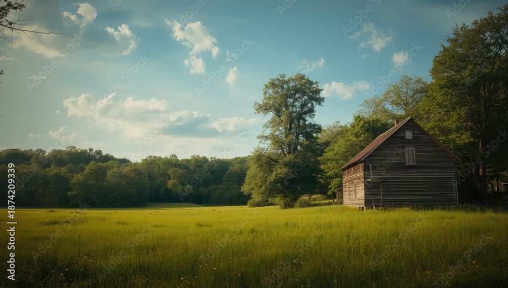 Fototapeta premium Old wooden house situated near dense forest, traditional rural building material