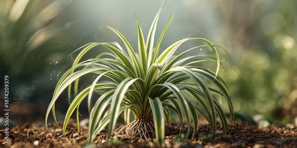 Fototapeta premium Bonnie Spider Plant with colorful variegation thriving in rich soil, emphasizing plant health and growth, World Plant Day