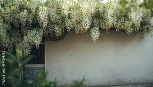 White Wisteria blossoms, de...