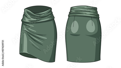 Fashionable green skirt illustrations front and back views showing draping detail and silhouette