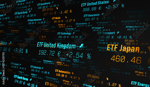 Slika na platnu ETF exchange-traded fund, close up abstract stock market ticker with prices, percentage changes