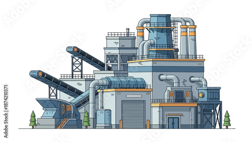 Industrial factory building with conveyors and silos, representing manufacturing and production processes