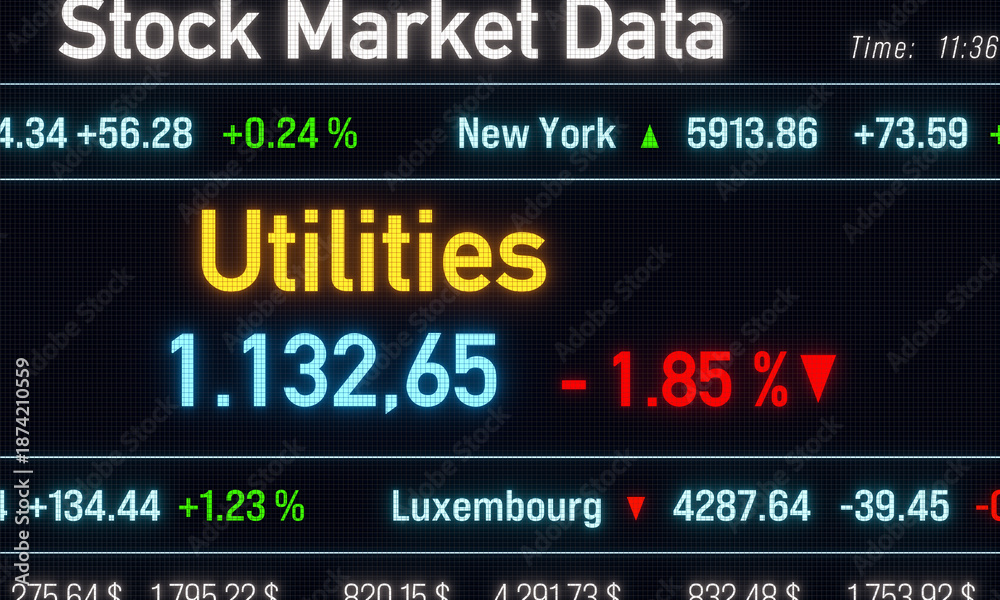 Fototapeta premium Utility index moving down, negative percentage change, stock market data. Trading screen, business and sector information concept. 3D illustration