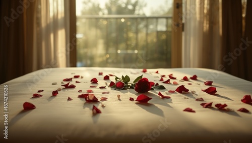 Hotel bed adorned with rose...