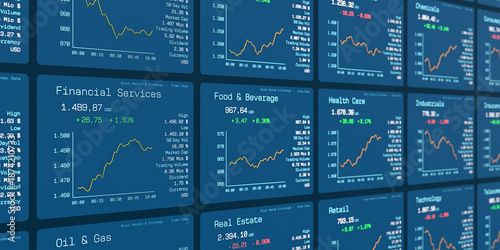 Stock market chart and data, industrial sectors, financial services, food and beverage, health care. Financial markets, trading screen, investing, information, return on investment, prices.