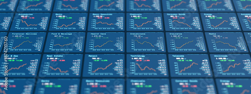Stock market chart and data, industrial sectors, automobiles, banks telecoms, energy, chemicals, media, insurance, transport, insurance. Trading screen, investing, information, prices.