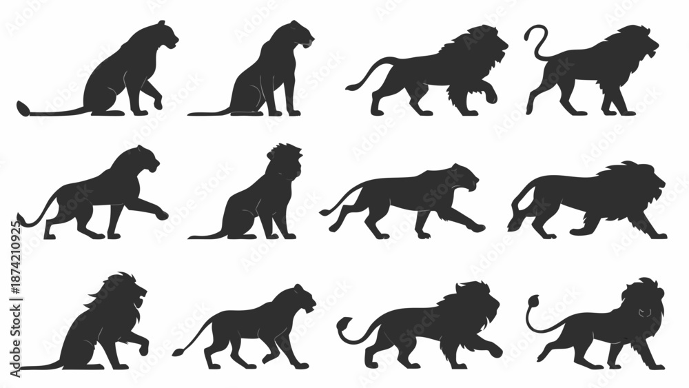 Fototapeta premium Dynamic Black Lion Silhouettes Collection Illustrating Various Poses and Natural Movements