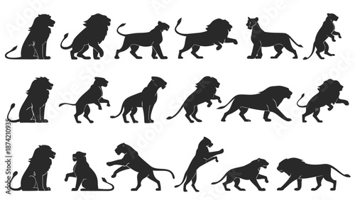 Collection of Dynamic Lion Silhouette Illustrations Depicting Various Poses and Actions