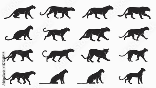 Dynamic Panther Silhouettes Illustrating Various Movement Poses and Animation Progression