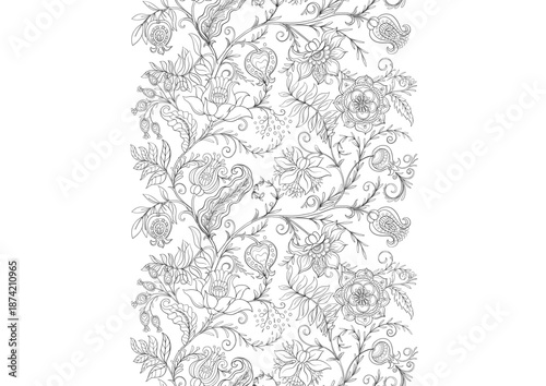Botanical floral seamless ornament. Vintage hand drawn pattern with ornate garden flowers, leaves and intricate decorative swirls for textile wallpaper. Classic elegant motif design.