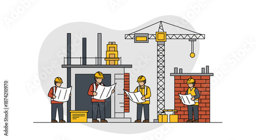 Construction Workers Reviewing Building Plans On Site.