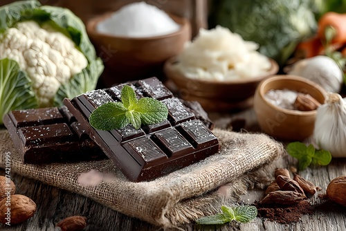 Dark chocolate bars with sea salt and mint surrounded by healthy vegetables