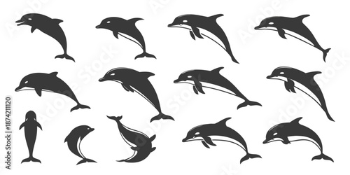 Black silhouette dolphin vector graphics for marine themed designs and illustrations