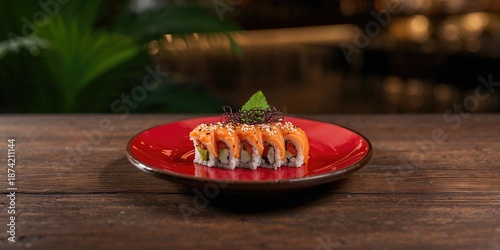 Roll with cheese on red pla...