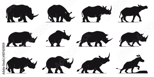 Collection of Black Rhinoceros Silhouettes Illustrating Various Walking Standing and Resting Poses