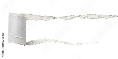 A realistic white paper is torn open, revealing a clear empty space, with edges curled back, isolated on a transparent background