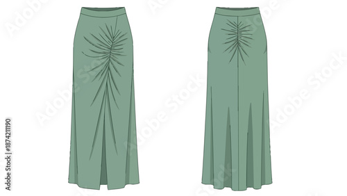 Elegant long green skirt with ruched detailing and a front slit showcasing its silhouette from both sides