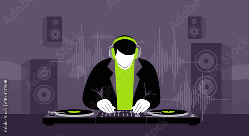 DJ Mixing Music on Turntables with Headphones.