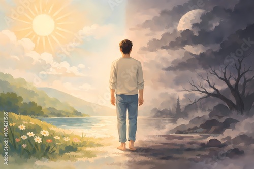 Conceptual illustration of a person standing between light and darkness, symbolizing emotional duality and toxic positivity.