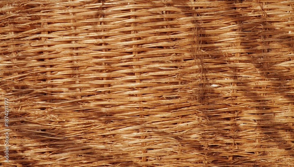 Obraz premium Rattan weave surface used as a background for editorial headers or graphic layouts, highlighting organic material properties