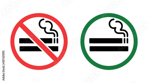 Smoking Prohibition and Allowed Area Icons – Cigarette and Vape Vector Symbols