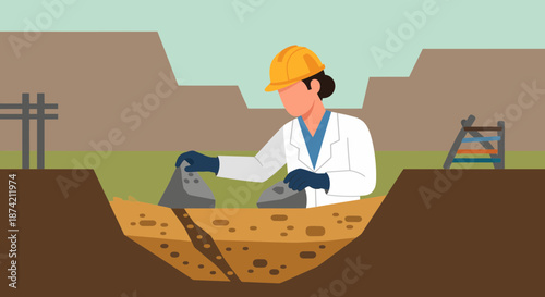 Female Archaeologist Excavating Ancient Artifacts Outdoors.