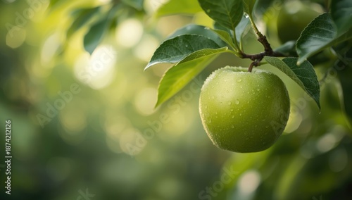 Fresh green apple attached ...