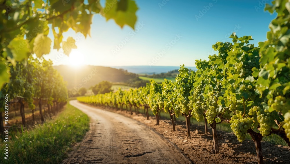 Naklejka premium Vineyard pathway lined with fresh leaves and fruit clusters, emphasizing seasonal growth and landscape planning
