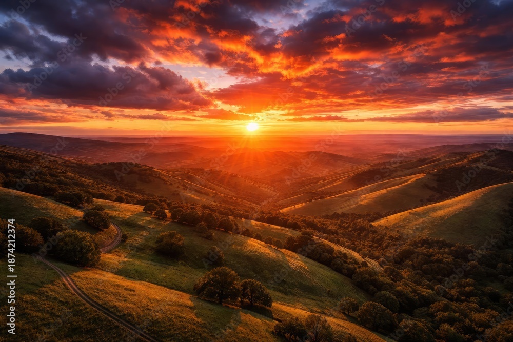 Fototapeta premium Spectacular elevated shot featuring vibrant sunset and soft hills