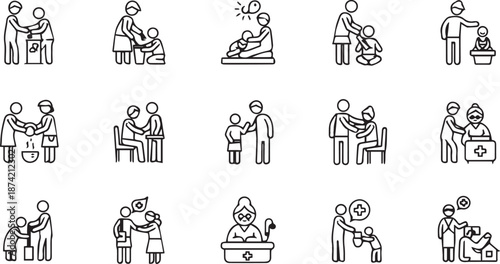 Volunteer and Humanitarian Aid Stick Figure Icon Set for Charity and Social Care