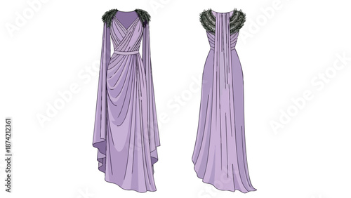 Elegant draped lavender gown with faux fur shoulder accents displayed from front and back views