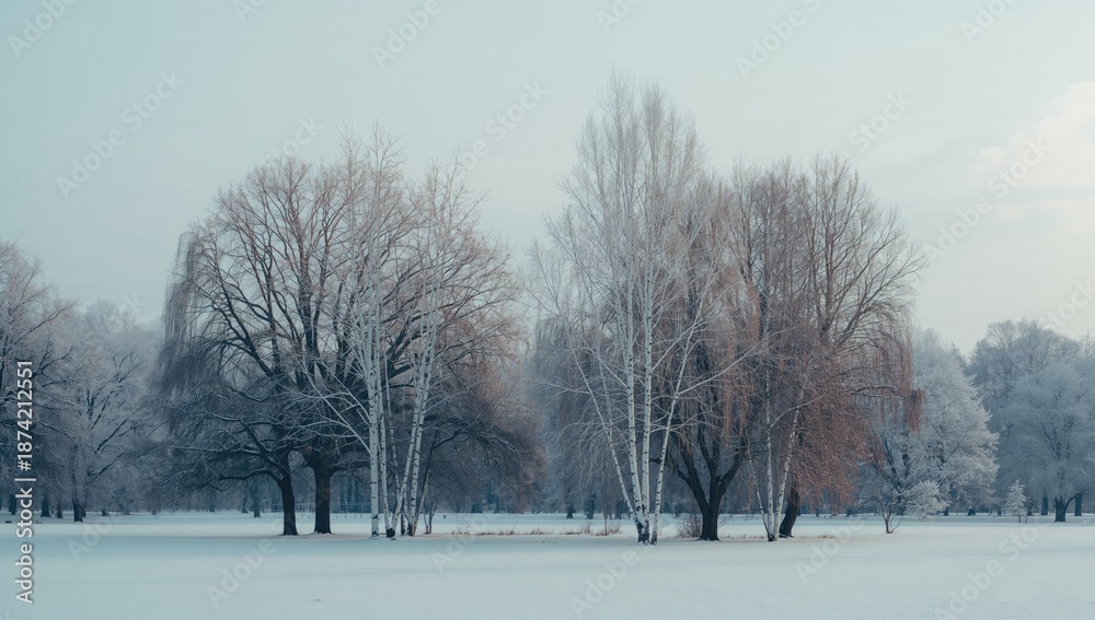 Fototapeta premium Snow-laden deciduous trees in a park setting, highlighting winter weather, Winter Solstice