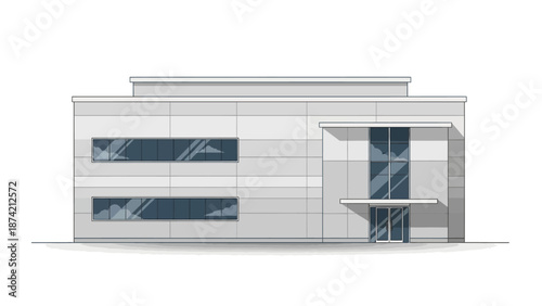 Modern Commercial Office Building Facade with Glass Windows and Entrance - Architectural Illustration